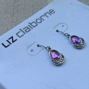 Liz Claiborne Women Earrings Purple Faux Stone Silver Tone Ear Fashion Jewelry